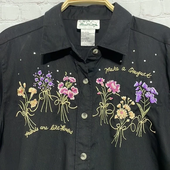 Quacker Factory Black Embroidered Floral Button Down Shirt Size L QVC - Picture 3 of 8